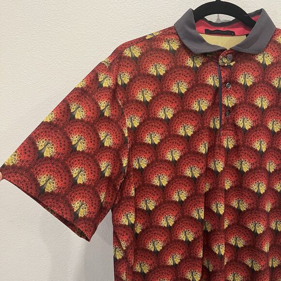 Greyson Other - Greyson Polo Shirt Men Large Red Short Sleeve Golf Performance Peacock Print